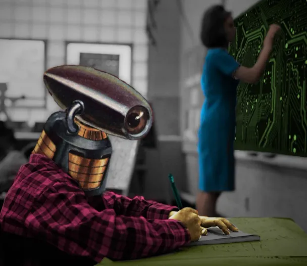 A 1960s classroom. A teacher in a blue dress stands at a blackboard in the background; in the foreground, a child works at a desk. The childs head has been replaced with the head of a killer robot. The blackboard is covered in printed circuits.